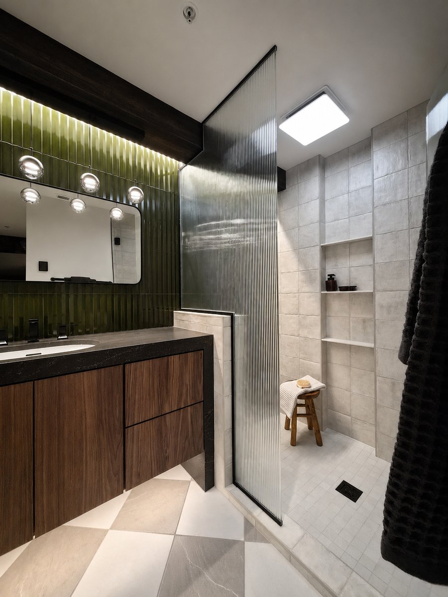 Modern Primary Bathroom with custom shower glass and Earthy Tones