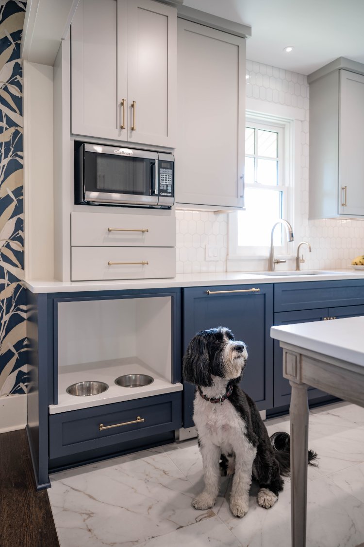 Pet-friendly kitchen remodel in Omaha, NE by HC Remodel & Design featuring custom cabinetry and integrated dog bowls.-optimized