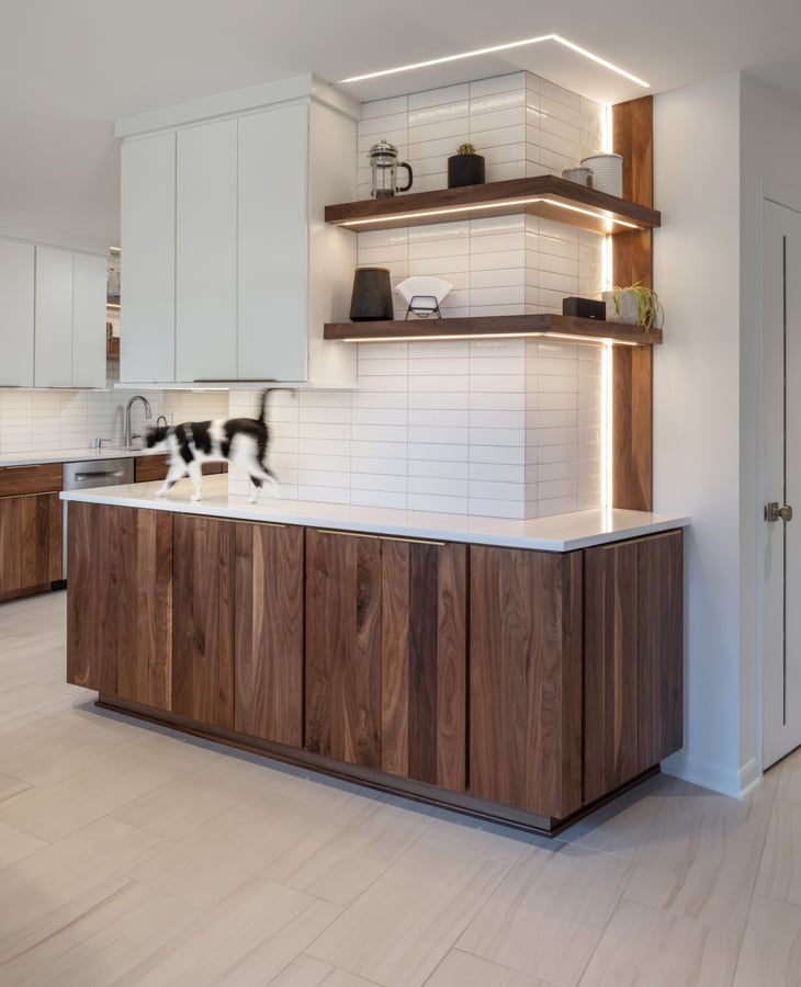 MCM Kitchen with walnut cabinetry and layered lighting Omaha Nebraska &amp; Council Bluffs Iowa