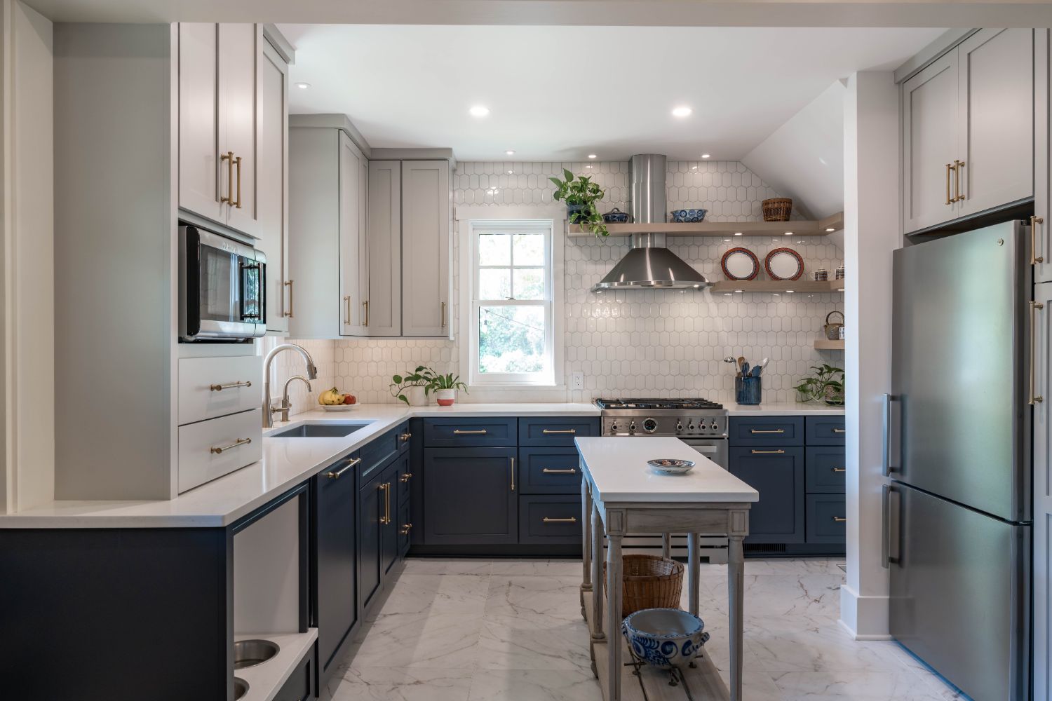 Kitchen renovation in Omaha, NE by HC Remodel & Design showcasing custom cabinetry, quartz countertops, and open shelving.-optimized