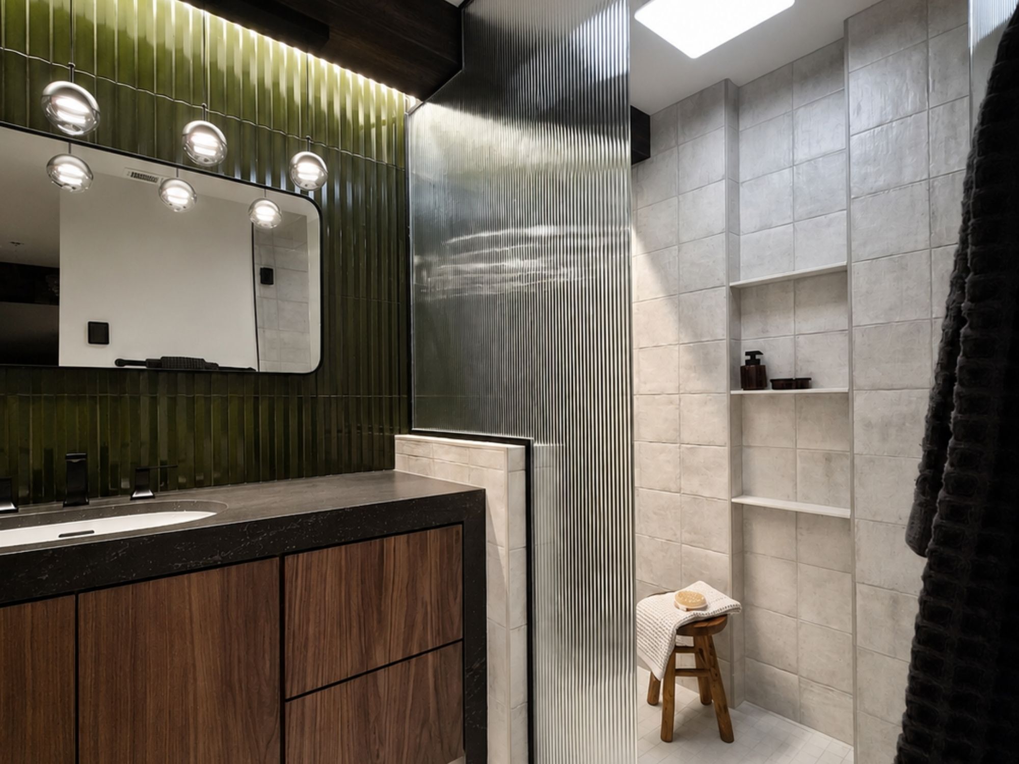 Modern bathroom with green tile, walnut vanity, and walk-in shower in Omaha & Council Bluffs - optimized.