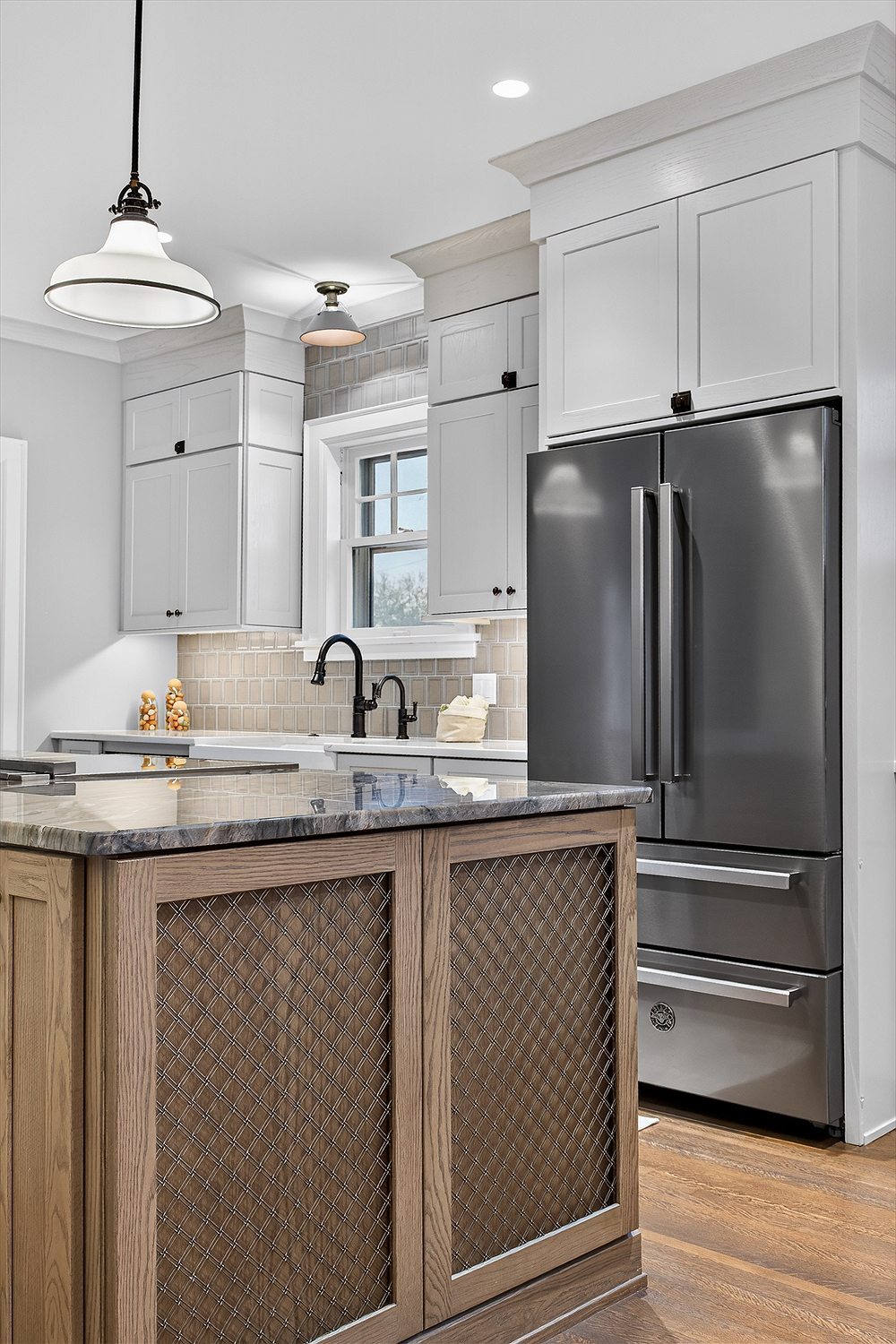kitchen-island-oak-cabinetry-metal-mesh-panels