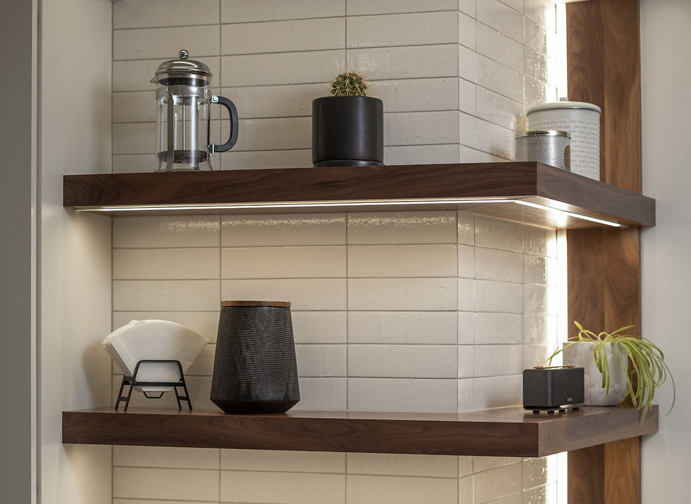 Wraparound floating shelves with vertical LED lighting